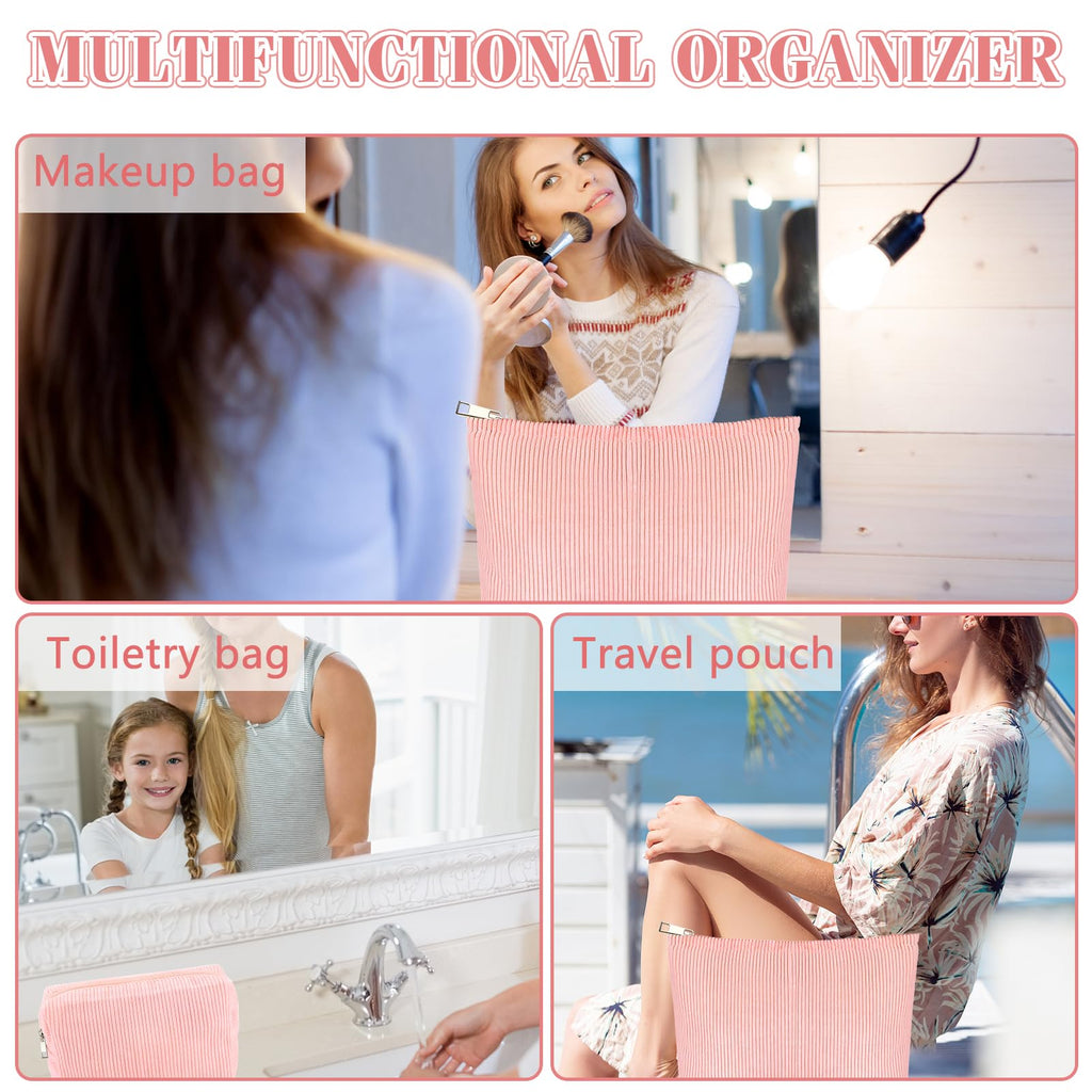 ZLFSRQ 2Pcs Corduroy Makeup Bag Cute Travel Cosmetic Bag Set for Women Large Small Corduroy Zipper Makeup Pouch for Purse Cosmetic Pouch Aesthetic Portable Skincare Toiletry Bags Organizer (Pale Pink)