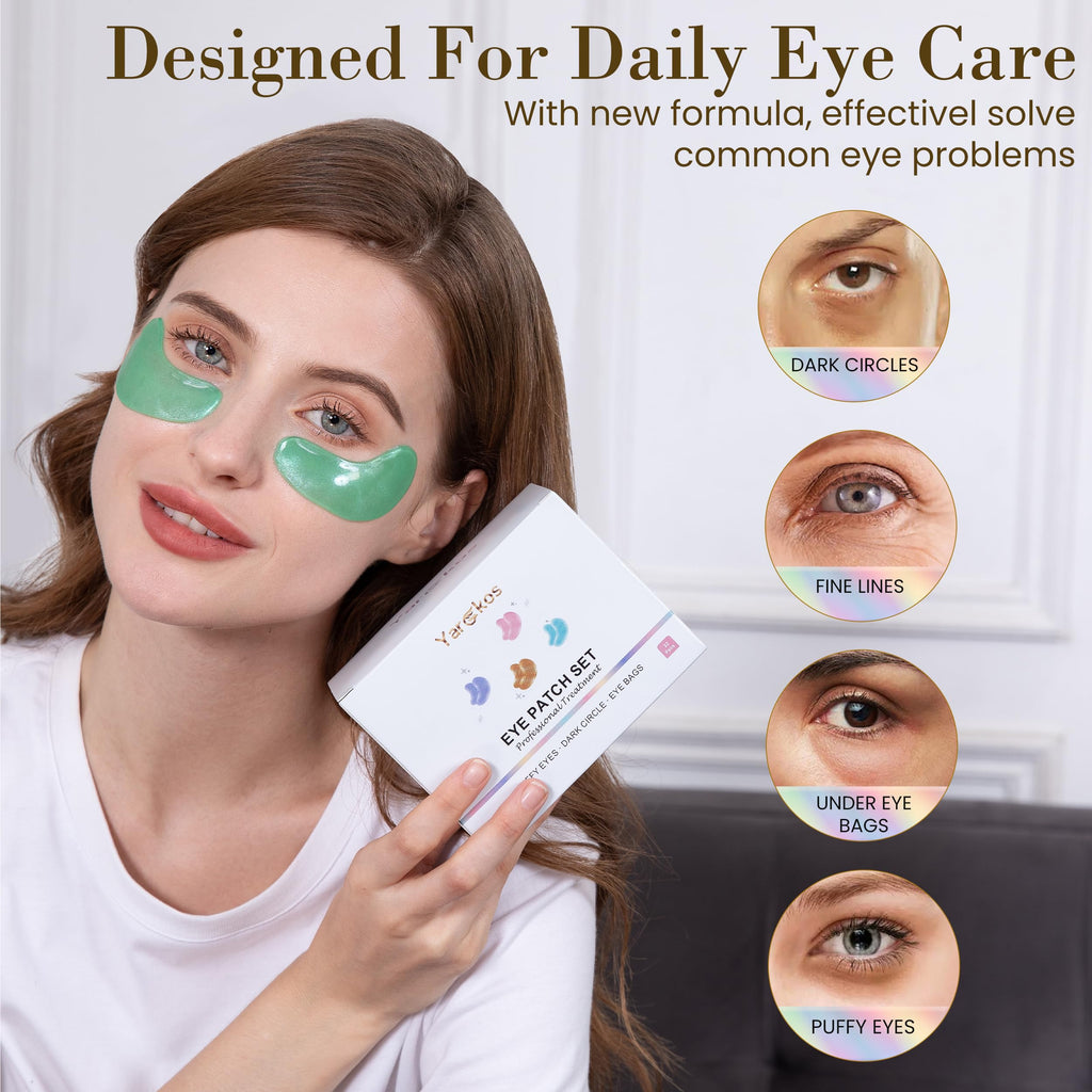 Yargkos 32 Pairs Under Eye Patches, Hydrating Eye Masks for Dark Circles Puffiness Puffy Eyes, Anti Wrinkle Collagen Undereye Pads, 32 Sets Travel Skincare Face Gel (24K Golden+Blue+Pink+Green)