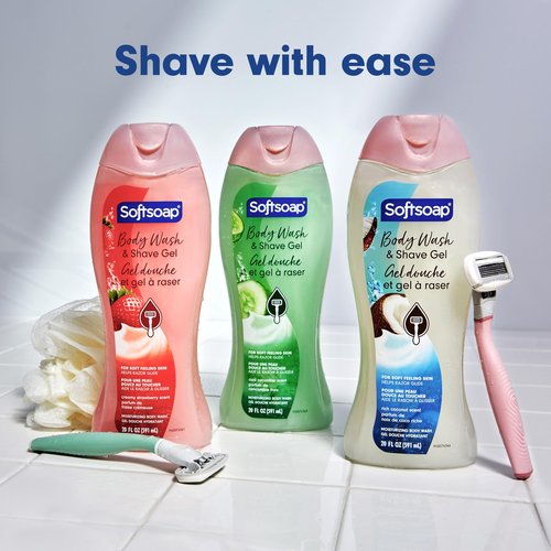 Softsoap Body Wash & Gel Strawberry, 20oz, pack of 4 + BIC Soleil Smooth Colors Women's Disposable Razors With Vitamin E Lubricating Strip for Enhanced Glide, Great Stocking Stuffer, 14-Count Gift Set