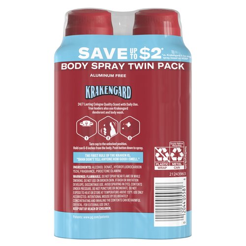 Old Spice Aluminum Free Body Spray for Men, 24/7 Odor Protection, 24/7 Lasting Fragnance & Freshness, Cologne Quality Scent, Krakengard with Deep Ocean Scent, 5.1 oz (Pack of 2)