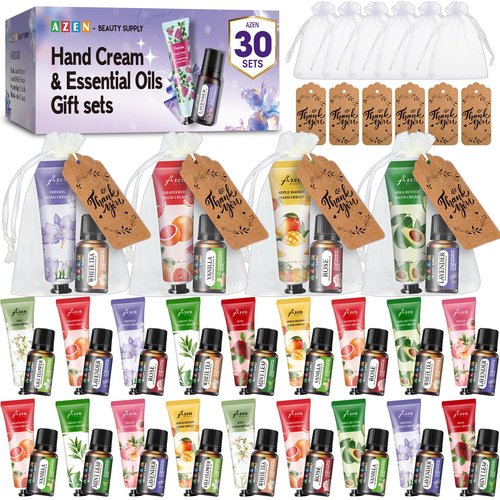 AZEN 30 Sets Bulk Gifts, Hand Cream and Essential Oils Bulk Set with Organza Bag Thank You Card, Baby Shower Wedding Gifts for Guests, Bridal Wedding Favors, Valentines Gift for Women