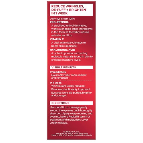 L'Oreal Paris Revitalift Anti-Aging Eye Cream - Pro Retinol, Hyaluronic Acid & Vitamin C, 0.5 fl. oz.