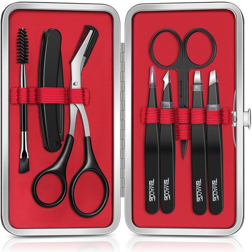 TsMADDTs Eyebrow Kit, 8 in 1 Eyebrow Trimmer Scissors, Tweezers for Women, Razor, Brush with Travel Bag, Tweezers Set for Women and Men, Professional Shaping Grooming Kit