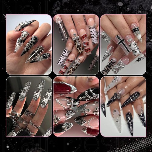 3D Mini Punk Nail Studs Spike Alloy Rivets (Black+Silver), Flatback Nail Pearls and Round Steel Balls Beads (Silver), Goth Nail Charms and Gems for Nail Accessories with Rhinestones Glue Gel