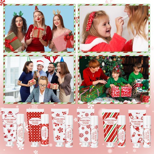 Leelosp 12 Pcs 6 Sets Christmas Hand Cream and Lip Balm Gift Set Bulk Mini Travel Size Lotion and Lip Balm with Peppermint Candy Theme Xmas Stocking Stuffers Thank You Gift for Women Staff Coworker