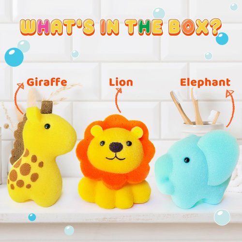 Spongentle Baby Bath Sponge Gift Set - Animal Kingdom Sponge 3 Pack - Bath Essentials for Baby Boys Girls Infants, Gifts for Newborn and Kids, Must Have Toy Accessories for Bathing