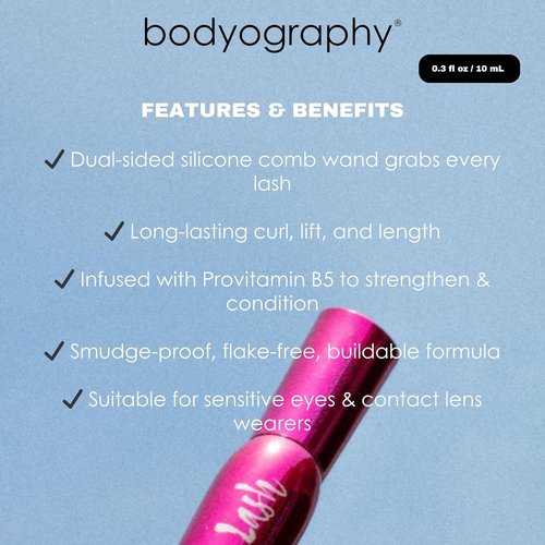 Bodyography Jet-Black Lengthening & Curling Mascara - Dual-Sided Comb Wand for Volume & Lift | Smudge-Free, Buildable Formula