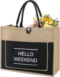 BeeGreen Jute Beach Bag - Extra Large 20'' x 16'' x 7.25'' Tote with Inner Zipper Pocket | Personalized Black Burlap Design