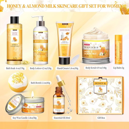 Skiennix 9-Pc Almond Milk & Honey Bath Set - Luxurious Self-Care Spa Gifts for Women | Perfect Birthday Gift