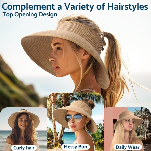 NPJY Sun Hats for Women - Wide Brim Roll-Up Beach Hat | Packable & Foldable Straw Visor