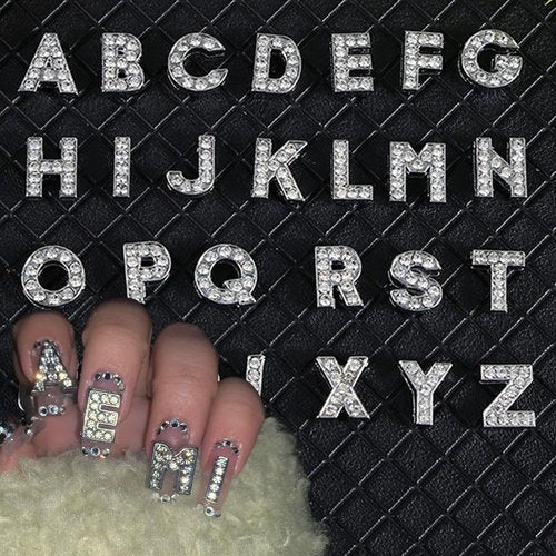 Letter Nail Charms Silver Alloy 52 Pcs, 3D Glitter Letter Charms for Nails Crystals English Alphabet Diamonds Metal Gems Nail Rhinestones Shiny Nails Art Jewels Supplies for DIY Manicure Accessories