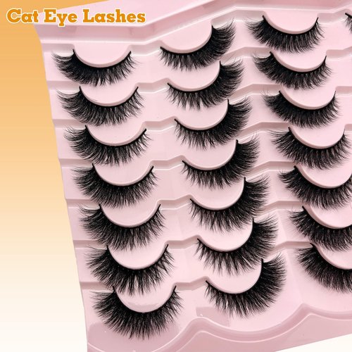 loladook Cat Eye Lashes Natural Look Short Fluffy 16mm Faux Mink Full Strip Lashes Pack 3D C Curl Volume Fox Eye False Eyelashes 14 Pairs