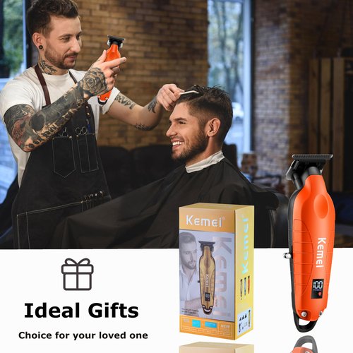 KEMEI 2293 Zero Gapped Hair Trimmer for Men, Cordless T Blade Beard Trimmer with LED Display, Professional Barber Hair Clippers, Orange