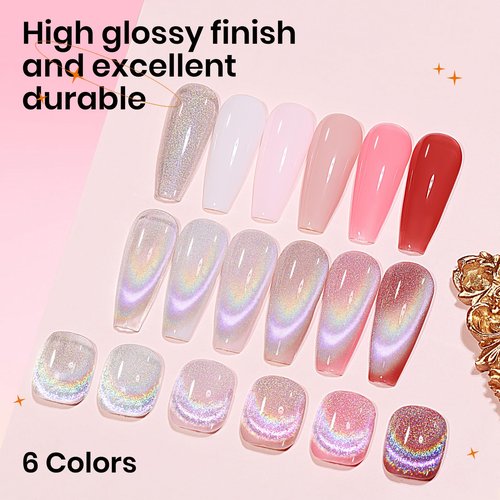 SUPWEE Cat Eye Gel Nail Polish Set With Magnetic, 5 Colors Translucent Nude Pink White Jelly Gel, Universal Rainbow Cat Eye, Glitter Holographic for Home DIY Manicure