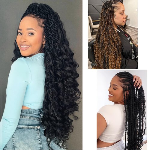 Senegalese Twist Crochet Hair with Curly Ends - 16 Inch Boho Island Twist Crochet Hair 8 Packs Goddess Boho Box Braids Crochet Hair Pre Looped Crochet Hair(16(8Packs), 1B/Purple)