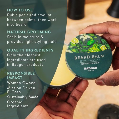 Badger Organic Beard Balm - Moisturizing Leave-In Conditioner for Facial Hair & Mustache | 2 oz