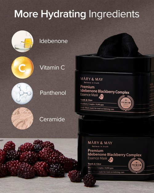 Mary&May Premium Idebenone Blackberry Complex Essence Mask (20 Sheets) – Bamboo Charcoal Sheet, Daily Pull-Out Dispenser Korean Face Mask with Vitamin C, Panthenol & Ceramide for Hydrating Radiance