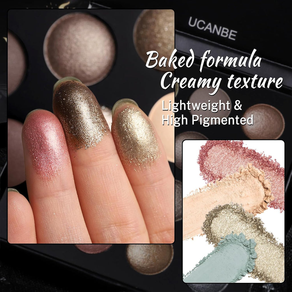 UCANBE Baked Eyeshadow Palette - 16 Highly Pigmented Nude Colors with Matte & Glitter Finish