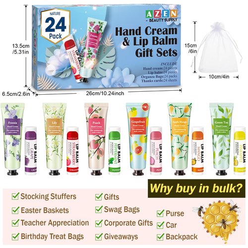 AZEN 24 Sets Bulk Gifts, Hand Cream and Lip Balm Bulk Set with Organza Bag Thank You Card, Baby Shower Wedding Gifts for Guests, Bridal Wedding Favors, Valentines Gift for Women