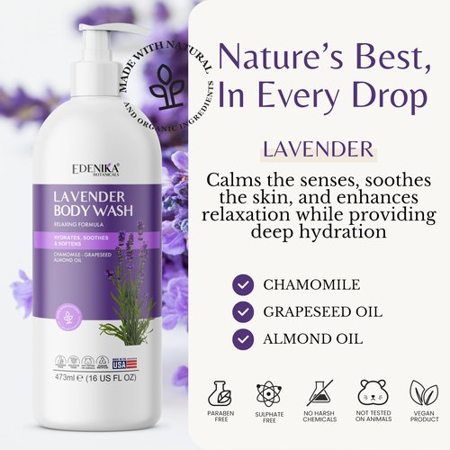 Edenika Lavender Body Wash with Vitamin E, Cleanses, Relaxes & Moisturizes, Stress Relief Shower Gel for Dry and Sensitive Skin, Women & Men, Organic & Natural, 16 fl oz, 2-Pack