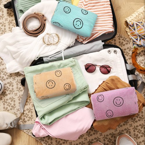Photect 3 Pcs Corduroy Cosmetic Bag Smile Face Aesthetic Preppy Pencil Pouch Purse Travel Beauty Makeup Bags for School Christmas Women Holiday Organizer Gifts(Classic,Pink, Yellow, Green)