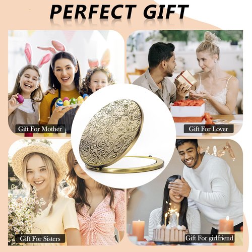 EYIWEITING Oval Mini Portable Metal Folding Mirror, Beautiful and Elegant, Sturdy and Durable, 1X/2X Magnifier. (Oval Pattern Bronze)