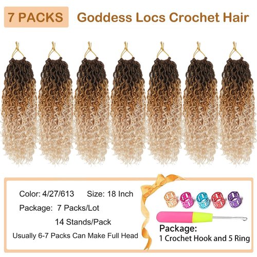 Goddess Locs Crochet Hair 18 Inch 7 Packs Faux Locs Ombre Boho Synthetic Pre Looped Crochet Braids Curly Ends (4/27/613)