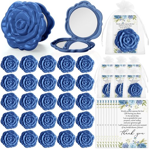 FoldTier 50 Sets Bridal Shower Party Favors for Guests Small Rose Compact Mirror Bulk Wedding Favors Thank You Cards and Organza Bags Wedding Party Guests Souvenir Gift (Blue)
