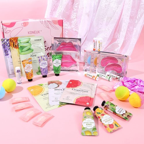 60PCS Spa Party Supplies for Girls, Include Face Masks, Hand Cream, Lip Balm, Foot Bath Bombs, Lip Mask, Under Eye Patches, Compressed Towels, Spa Birthday and Sleepover Party Supplies for Girls Women