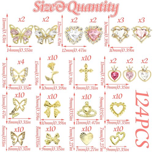 RODAKY 124PCS Gold Nail Charms 3D Butterfly Nail Gems Pink Crystal Heart Nail Art Jewelry Bow Charms for Acrylic Nails Glitter Cute Nail Decoration Metal Rose Cross Charms for Manicure Design