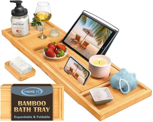 Home It Premium Foldable Bathtub Tray - Bamboo Waterproof Bath Tray for tub Caddy - Wooden Holder for Wine, Book, Soap, Phone, Luxury Gift for Men & Women - Expandable, Fits Most Tubs in Bathroom
