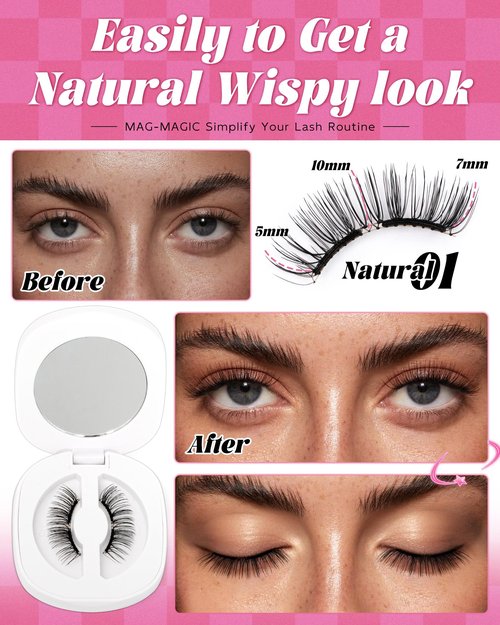 Natural Look Magnetic Eyelashes Kit - 2 Pairs Reusable Double Sided Magnetic Lashes With Applicator and Mirror, Easy To Wear And Remove, No Glue Needed Strip Lashes, Black Faux Cils by EMEDA (#29)