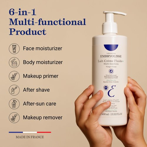 Embryolisse Lait-Crème Fluid+ Face & Body Cream, Multi-Use Lightweight Moisturizer with Shea Butter & Aloe Vera. Fast Absorbing, For All Skin Types, 13.52 Fl Oz
