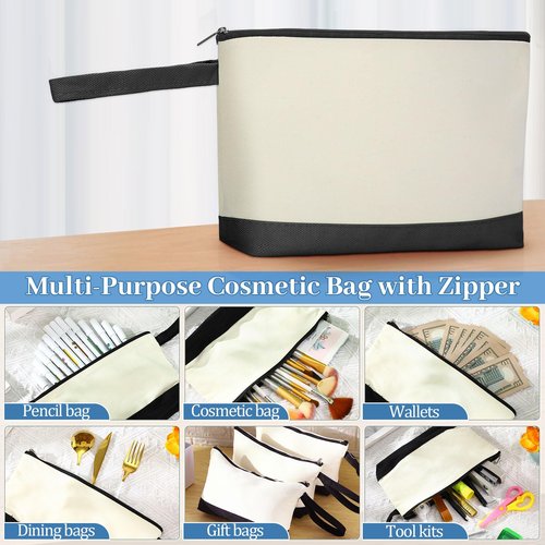 Silkfly 30 Pcs Cotton Canvas Makeup Bags Canvas Cosmetic Zipper 10.2 x 5.5 x 2 Inches Blank DIY Pouch Bag Bulk with Bottom Pencil Case Travel Toiletry Pouch for Women (Black,Beige)