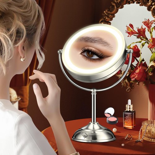 15X Magnifying Mirror with Light, Rechargeable 9" Lighted makeup mirror with magnification, 3 Color Modes, Adjustable Brightness, No Assembly Required, 360° Rotation Cosmetic Mirror, Pearl Nickel