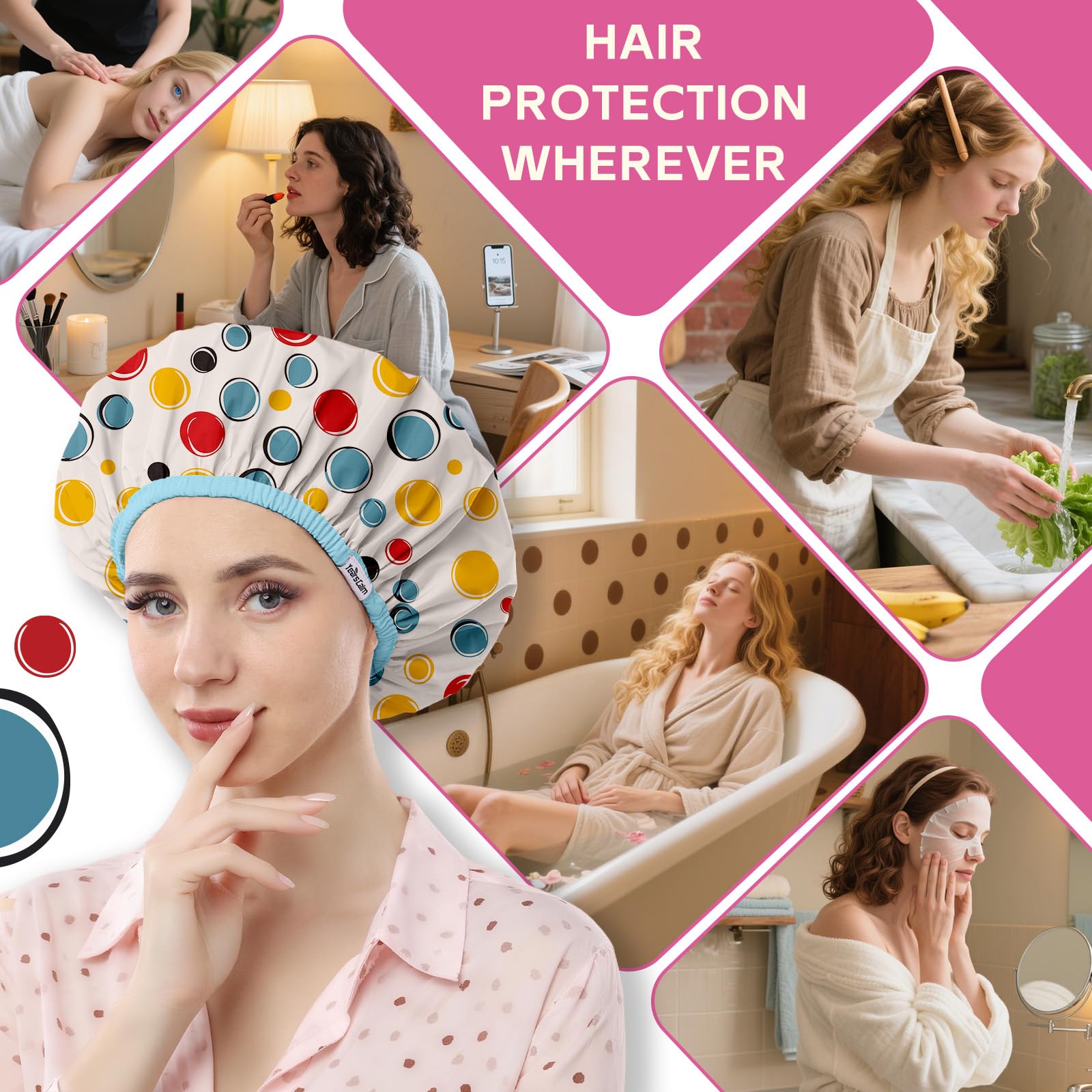 Years calm Waterproof Shower Cap for Women - Double-Layer Reusable Bath Cap with Elastic Band for Long/Short/Curly/Braids Hair, Washable & Travel-Friendly, Fit for Shower, Spa (Blue Shower Cap)