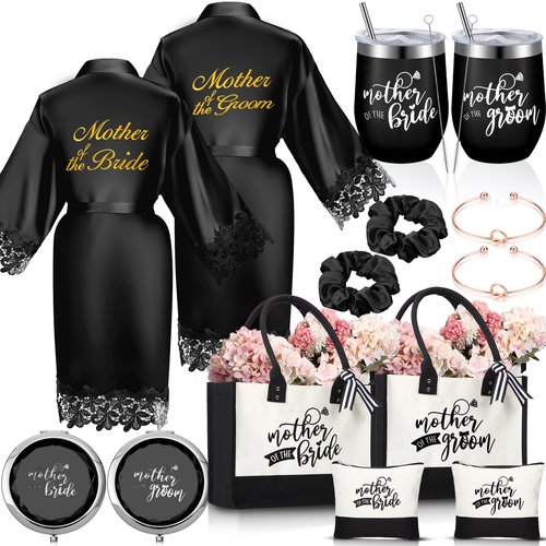 Suhine 14 Pcs Mother of The Bride and Groom Gifts Set Wedding Satin Robe Canvas Tote Bag with Makeup Bag 12 oz Tumbler Cup Small Makeup Mirror Scrunchies Knot Bracelet Wedding Gift for Mom(Black)