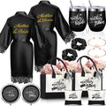 Suhine 14 Pcs Mother of The Bride and Groom Gifts Set Wedding Satin Robe Canvas Tote Bag with Makeup Bag 12 oz Tumbler Cup Small Makeup Mirror Scrunchies Knot Bracelet Wedding Gift for Mom(Black)