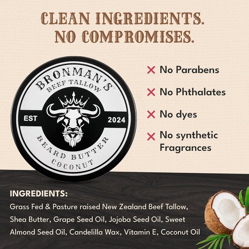 Beef Tallow Beard Butter for Men - Hydrating Coconut Balm with Shea Butter - 4oz Deep Moisturizer