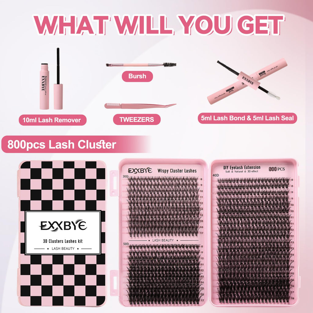 Wispy Lash Clusters Kit 800pcs Lash Extension Kit DIY Eyelash Clusters 30D&40D&50D Lashes Clusters 8-18mm With Lash Bond and Seal, Lash Tweezers, Lash Remover，Lash Brush