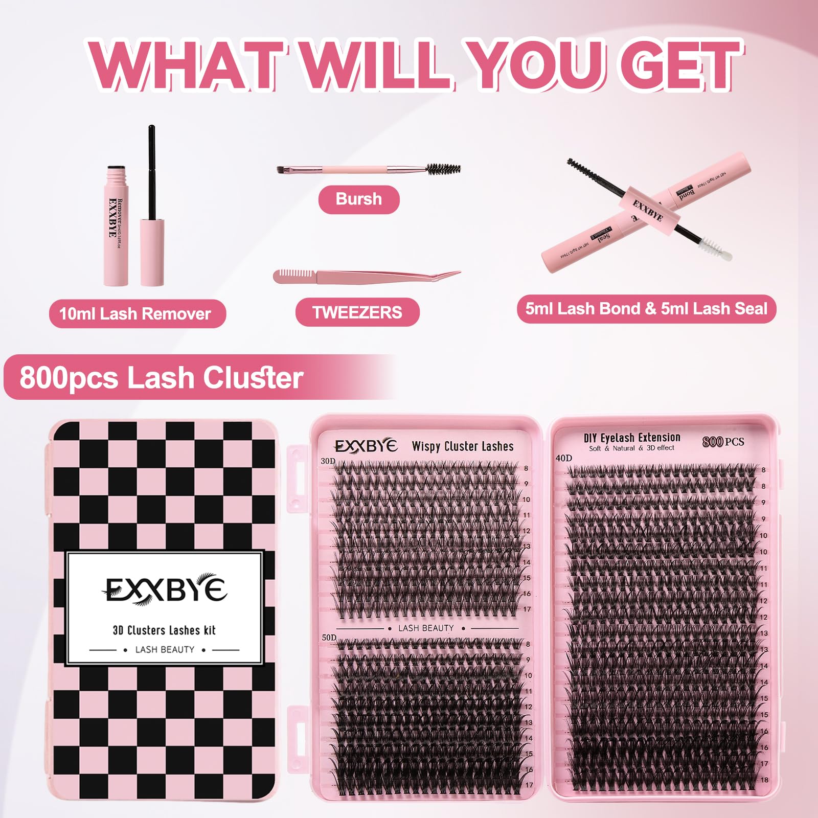 Wispy Lash Clusters Kit 800pcs Lash Extension Kit DIY Eyelash Clusters 30D&40D&50D Lashes Clusters 8-18mm With Lash Bond and Seal, Lash Tweezers, Lash Remover，Lash Brush