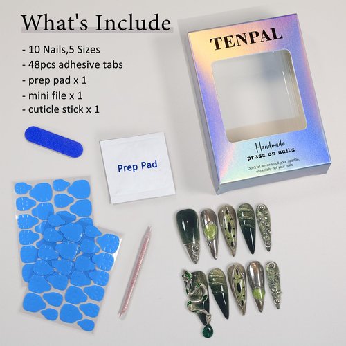 TENPAL Gothic Fake Nails Long Stiletto,Black Chrome & Gradient Green Cat Eye False Nails,3D Snake Gem Designs Metal Press on Nails,10pcs Soft Gel Artificial Nails with Steel Bead for Women(M)