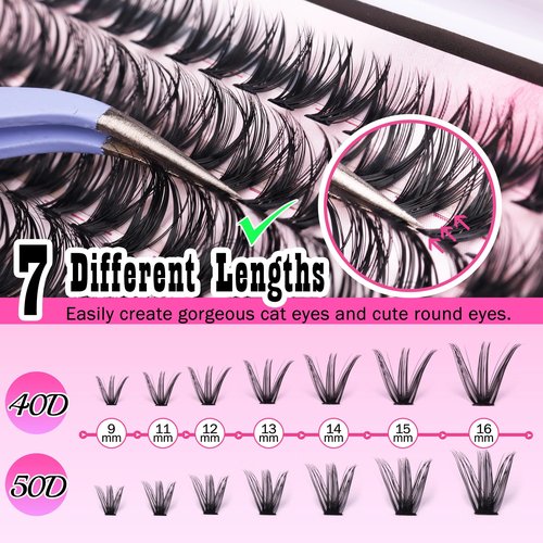 FANXITON DIY Individual Eyelash Extension Kit, Thick Volume Lash Clusters 40D+50D D Curvature, 280 Pieces Thin Band Cluster Lashes with Bond and Seal Tweezers
