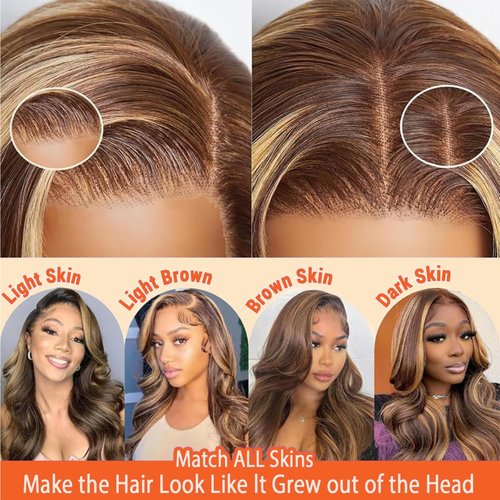 goodear 13x6 Lace Frontal Brown Highlight Wig for Women, Long Wavy Lace Hairline Middle Part Synthetic Heat Resistant Wig for Daily Party - 24 Inch
