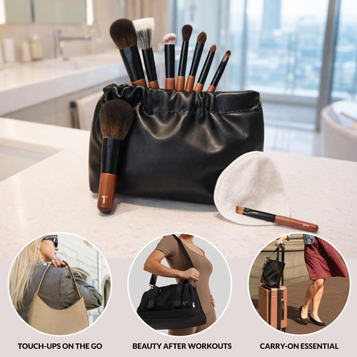 Cosme 9 FULL FACE MINI Short Handle Makeup Brush Set & Case - Small Travel Size Powder, Blush, Concealer, Brow, Eyeliner, Eyeshadow Miniature Make Up Brushes for Home, Purse, Office, Gym, Vacation