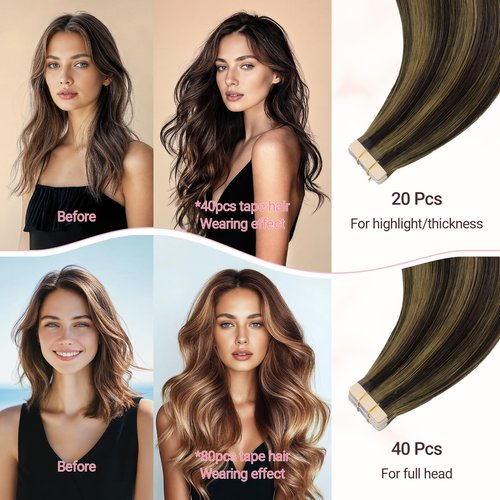 MAXITA Tape in Hair Extensions Human Hair 18 inch 50g 20pcs Balayage Dark Brown to Chestnut Brown Real Human Hair Extensions Real Remy Seamless Straight Hair Extensions for Women