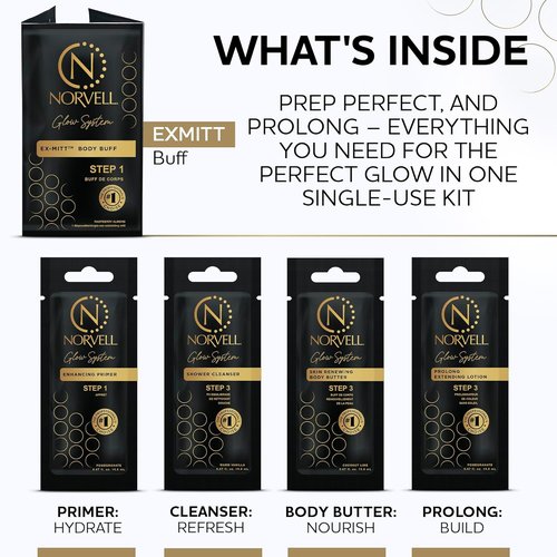 Norvell Glow System Trial Kit - 5-Step Sunless Tanning Essentials with Exmitt, Primer & Body Butter | Travel-Friendly Pouch