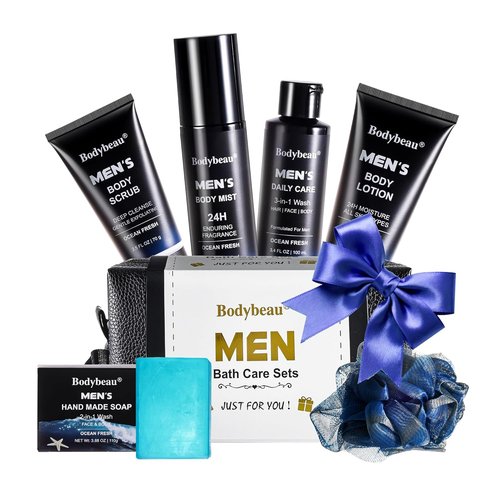 Skiennix Men's Bath and Body Spa Gift Set - 7-Piece Daily Care Kit with 3-in-1 Wash & Handmade Soap | Perfect Gift for Dad, Husband, or Son