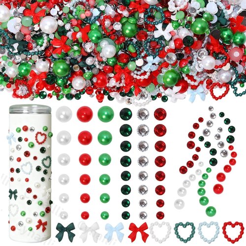 Christmas Red Green Mixed Flatback Rhinestones & Pearls, Pearl and Rhinestones for Crafting, Pearls Heart Bows Nail Charms for Christmas Craft DIY Ornaments, Tumbler Cups, Nail Art and Gift Making