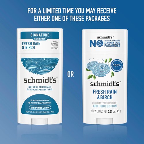Schmidt's Aluminum-Free Vegan Deodorant Fresh Rain & Birch with 24 Hour Odor Protection, for Women and Men, Natural Ingredients, Cruelty-Free, 2.65 oz
